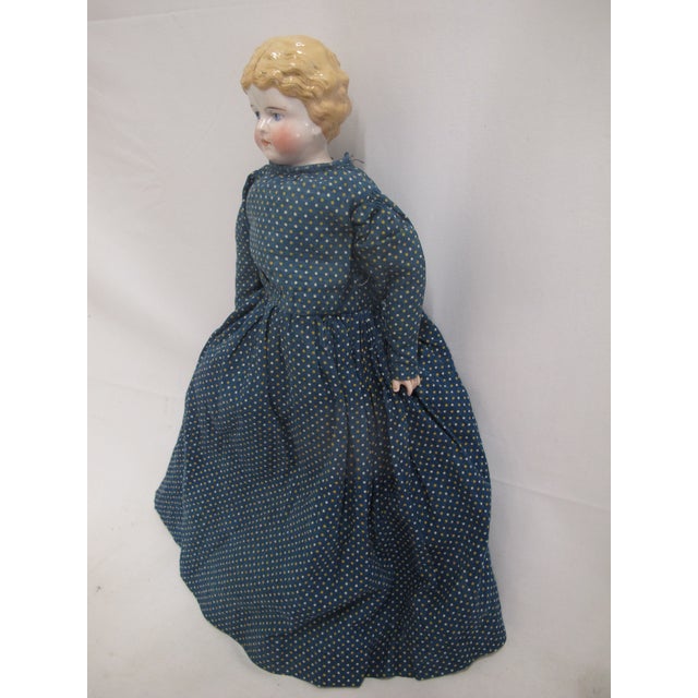 Traditional Antique German Colonial China Head Leather & Bisque Blonde Hair Blue Eye Doll For Sale - Image 3 of 12