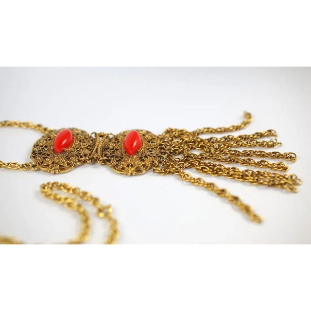 Metal 1950s Goldtone Filigree and Faux Coral Pendant Necklace For Sale - Image 7 of 9