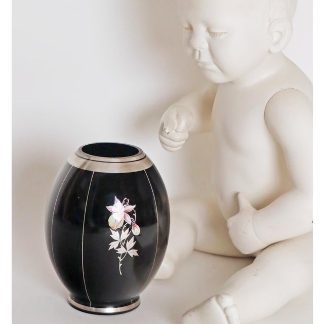 Bohemian Floral Orchid Black Glass Vase with Silver Plating, 1930s, in Good conditions. Designed 1920 to 1949