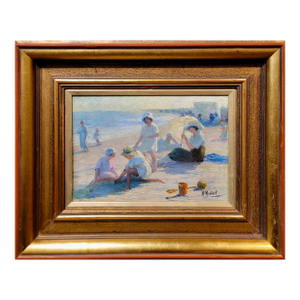 Jean Aristide Rudel- Mothers & Young Daughters at the Beach W/Parasol -1920s Oil Painting