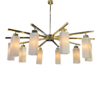 Modern Murano Square Shaped Glass and Brass Chandelier For Sale