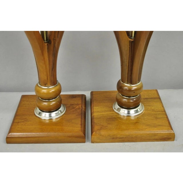 Vintage Mid Century Modern Sculptural Walnut Wood & Brass Table Lamps - A Pair For Sale - Image 4 of 10
