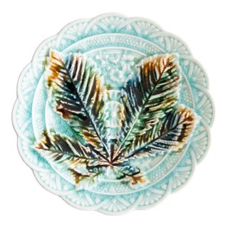 19th Century Swedish Rörstrand Majolica Turquoise Chestnut Leaf Plate For Sale