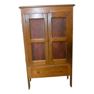 Vintage Wood & Brick Red Punched Tin Pie Safe Cabinet W/ Shelves & Lower Drawer For Sale