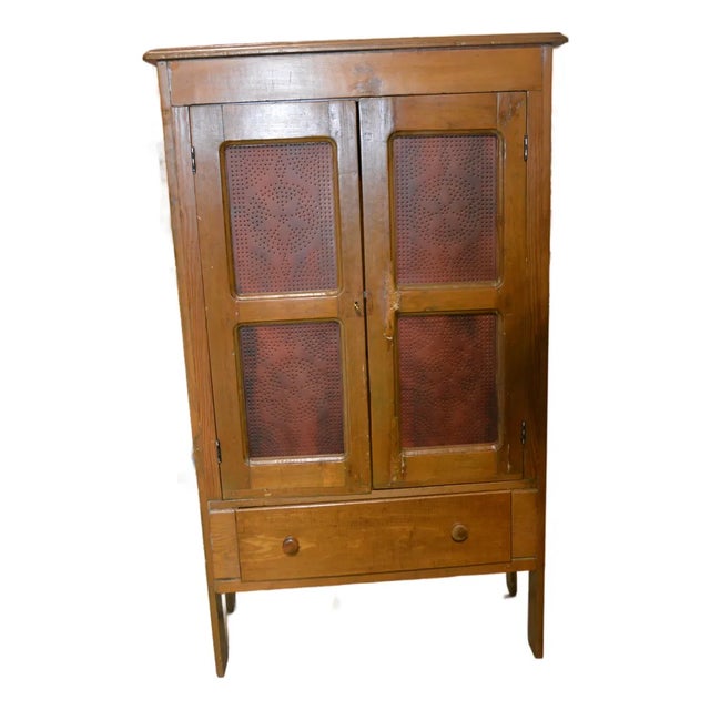 Vintage Wood & Brick Red Punched Tin Pie Safe Cabinet W/ Shelves & Lower Drawer For Sale