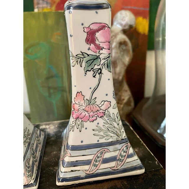 Pair of Vintage Chinoiserie 1980s Ceramic Candlestick Holders For Sale - Image 9 of 9