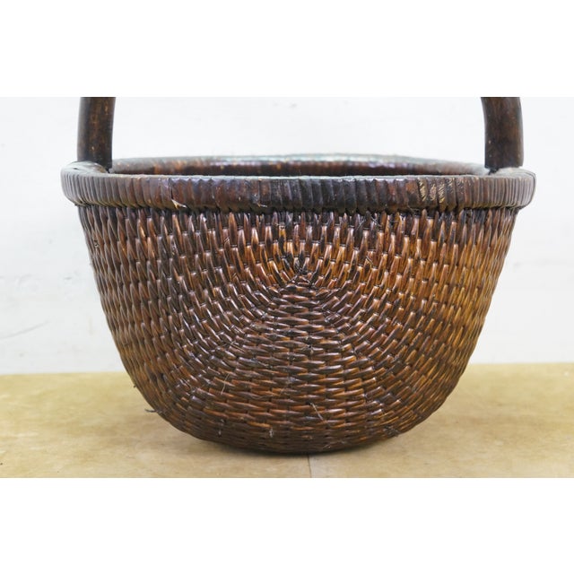 Wood Antique Chinese Bentwood Woven Willow Rice Harvest Gathering Basket 16" For Sale - Image 7 of 15