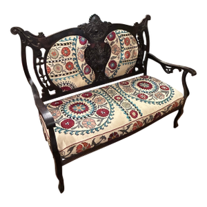 Antique Victorian Style Carved Mahogany Loveseat With Suzani Textile Upholstery