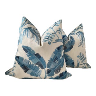 Brunschwig and Fils “Martil Emb” in Blue Embroidered Pillow - A 22" Pair For Sale
