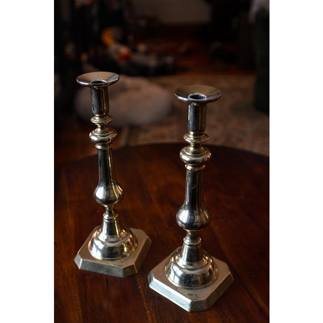 Late 19th Century Pair of Victorian English Brass Neoclassical Baluster Candlesticks 12.5" For Sale - Image 11 of 14