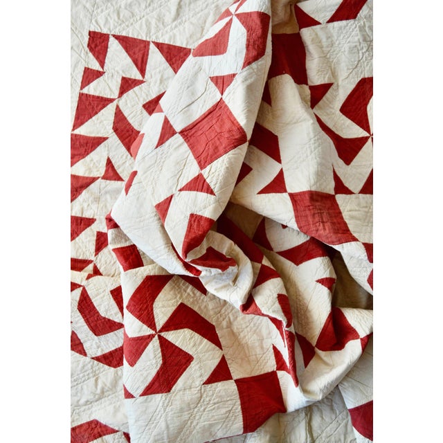 Early 20th C Red and White Pinwheel Style Pattern Hand-Stitched Cotton Quilt For Sale - Image 11 of 16