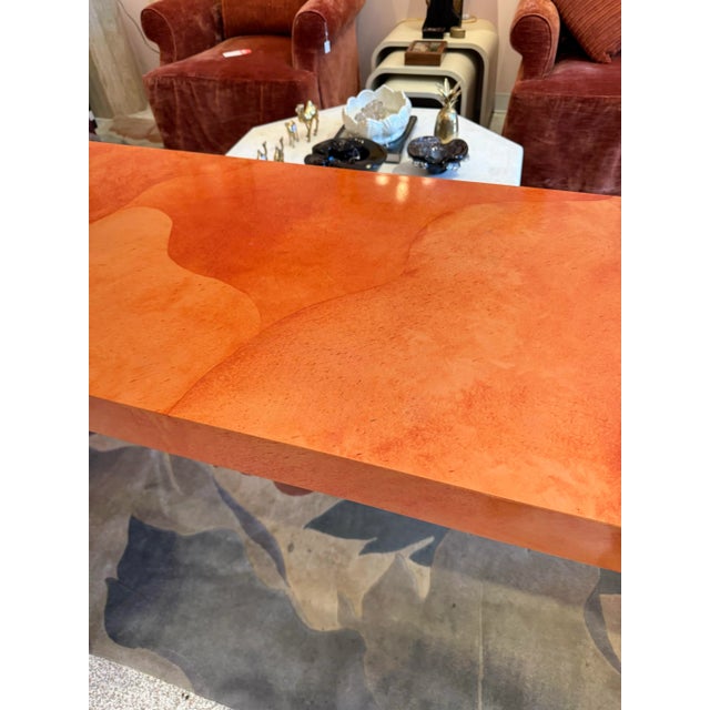 1980s Vintage Postmodern Faux Goatskin Orange Lacquer Console Table For Sale In New York - Image 6 of 12