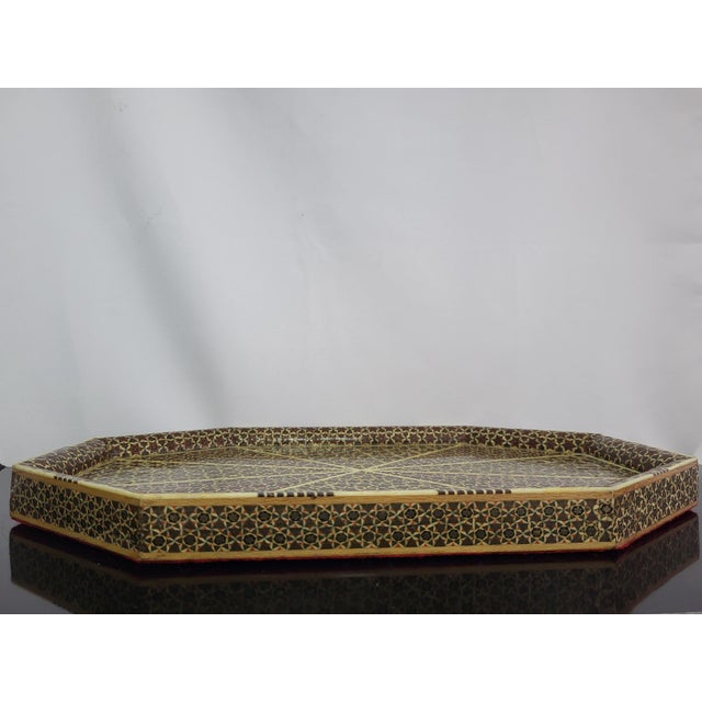 Persian Khatam Kari Inlaid Marquetry Star Mosaic Octagonal Serving Tray For Sale - Image 4 of 8