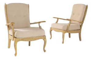 1960s French Louis XV Style Oak Armchairs With Upholstered Cushions - A Pair