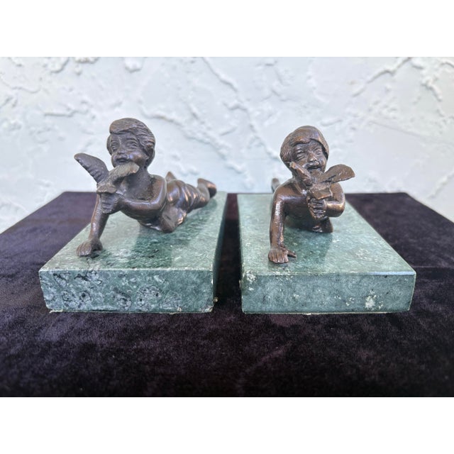 Pair of Bronze Cherub Sculptures on Green Marble Bases, Early 20th Century For Sale - Image 4 of 9