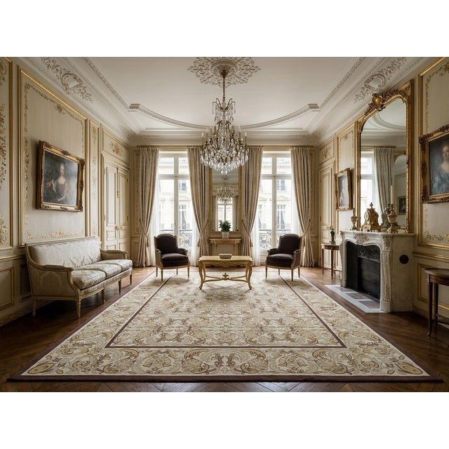 9x12 Vintage Aubusson Flat Weave Wool Rug, Beige Renaissance Scroll For Sale - Image 9 of 11