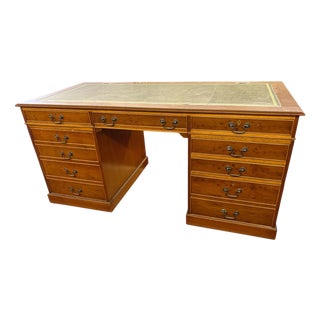 Large English Executive Desk with Green Leather Top For Sale