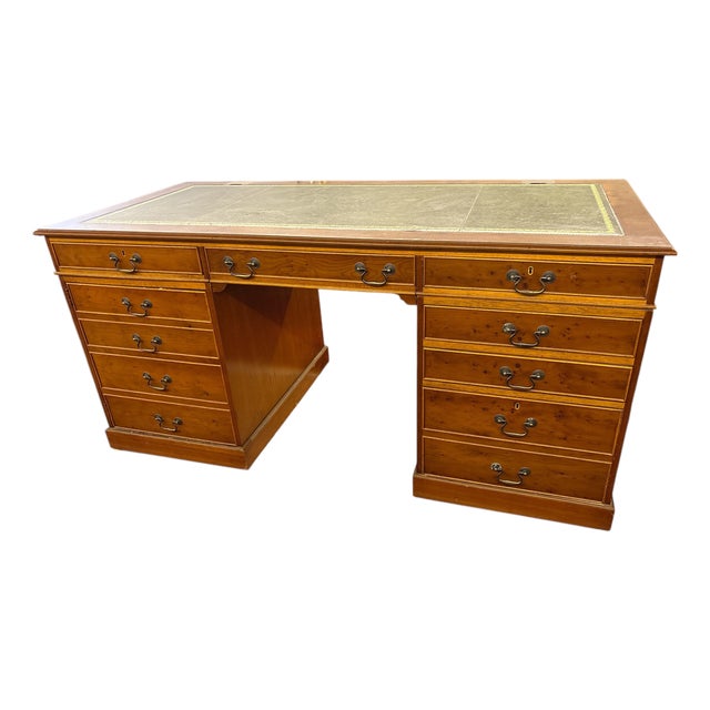 Large English Executive Desk with Green Leather Top For Sale