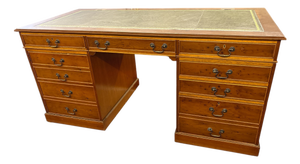 Large English Executive Desk with Green Leather Top