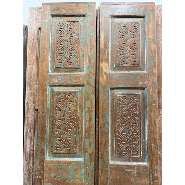 Wood Antique Hand-Carved Double Wooden Doors – Distressed Green Rustic Barn Doors 80x30 For Sale - Image 7 of 8