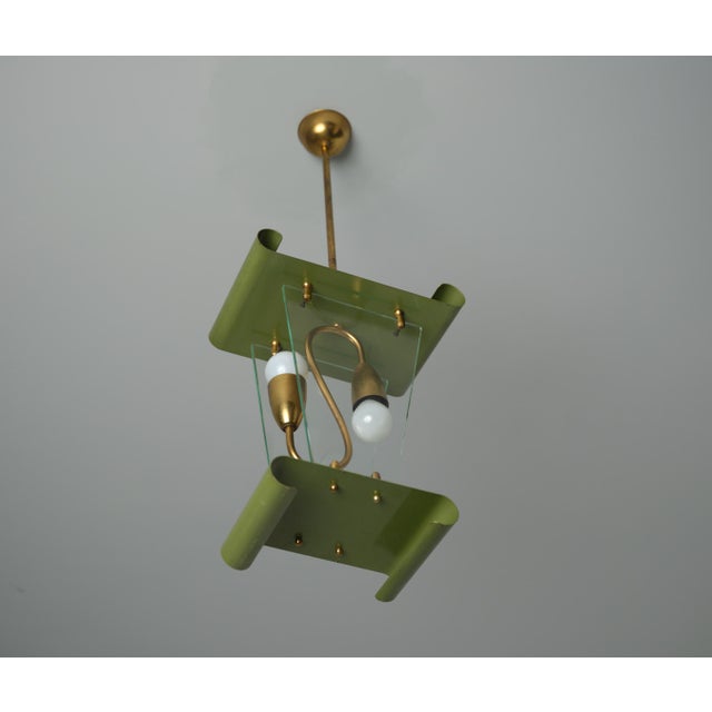 Mid-Century Modern Italian Pendant Lamp in Brass and Green Lacquered Metal, 1950s For Sale - Image 4 of 9