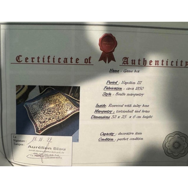 Napoleon III 1850 Boulle Tortoiseshell Brass Inlaid Gaming Box Complete With Dice Chips For Sale - Image 9 of 9