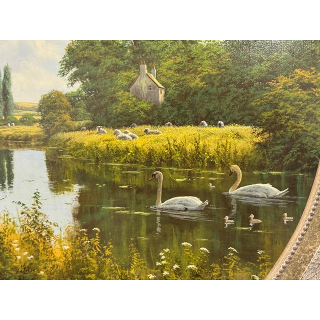 Pair - Ornately framed Oval English River Flower Scenes with Swans, Cows, Sheep 1990 (Circa) For Sale - Image 11 of 16