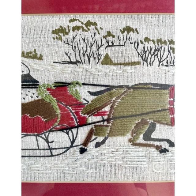 Pair of 1960s Framed Handmade Crewel Embroidery, Horses With Sleigh & Carriage For Sale - Image 4 of 18