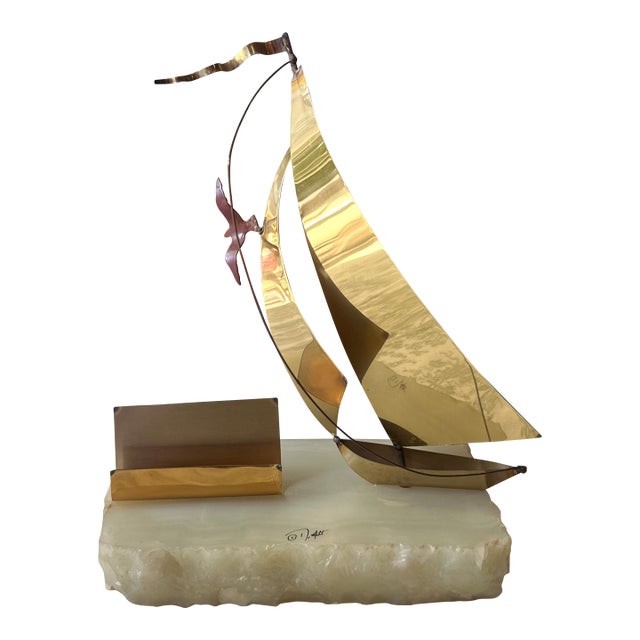 1970s Brass Sailboat Business Card Holder With Marble Base For Sale