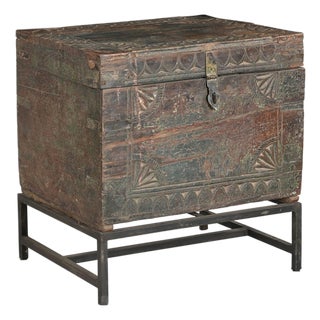 Antique Indian Carved and Painted Chest on Iron Legs For Sale