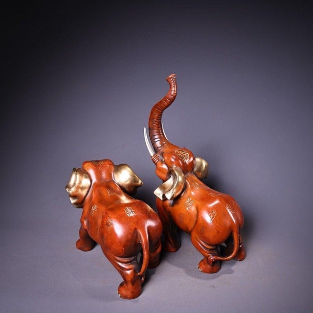 Mid 20th Century Pair of Gilt Bronze Elephant Figures – 10.6" Vintage Sculptures With Inscriptions For Sale - Image 5 of 9