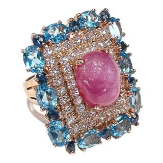 Bochic “Capri” Vintage Ruby & Diamond & Blue Topaz Ring Set In 18K Gold & Silver For Sale