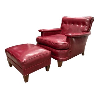 American Art Deco Club Chair & Ottoman in Red Naugahyde - a Pair For Sale
