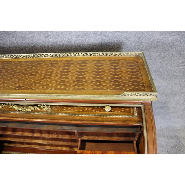 Louis XVI 19th C. Bronze Mounted Figural Marqetry Inlaid Roll Top Desk For Sale - Image 16 of 17