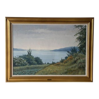 Thorbjørn Fjord Landscape Oil Painting Vintage Danish Mid-Century 1960s For Sale