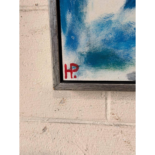 Yellow h.p. Signed Framed Abstract Coastal Landscape Painting Vintage Mid-Century Modern 1970s For Sale - Image 8 of 10