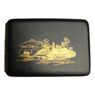 Early 20th Century Japanese Komai Style Damascene Cigarette Case, Mt. Fuji Landscape, Gold Inlay on Steel For Sale