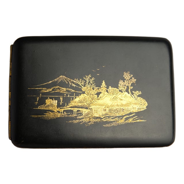 Early 20th Century Japanese Komai Style Damascene Cigarette Case, Mt. Fuji Landscape, Gold Inlay on Steel For Sale