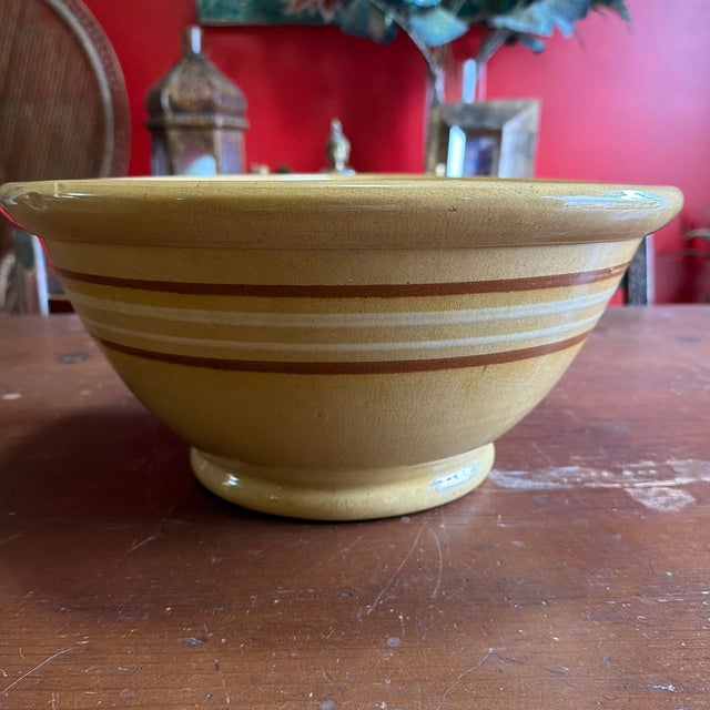 Farmhouse Antique Farmhouse Yellowware Large Mixing Bowl, With Brown and Cream Banding, Circa 1850's For Sale - Image 3 of 12