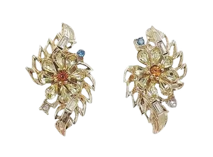 Vintage Early 1950s Signed Corocraft Rhinestone Flower Clip Earrings - 2 Pieces