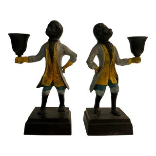 Pair of 1960s Yellow Vest / Gray Jacket "Butler" Monkey Candle Holders For Sale