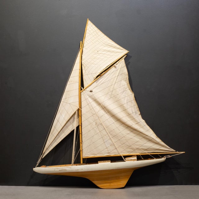 ABOUT Vintage wooden pond yacht/sailboat model. This is a highly detailed, gaff-rigged vessel featuring a natural wood...