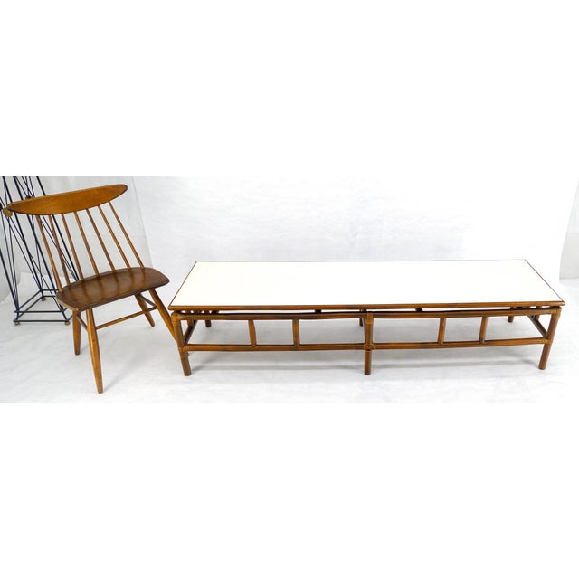 Mid Century c1970s Rattan Bamboo White Formica Top 72” Long Coffee Table MINT For Sale - Image 12 of 15