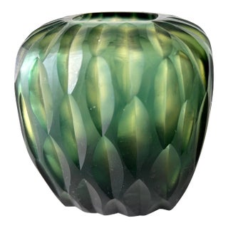 Guaxs Glassworks Kashi Carved Glass Green Vase For Sale