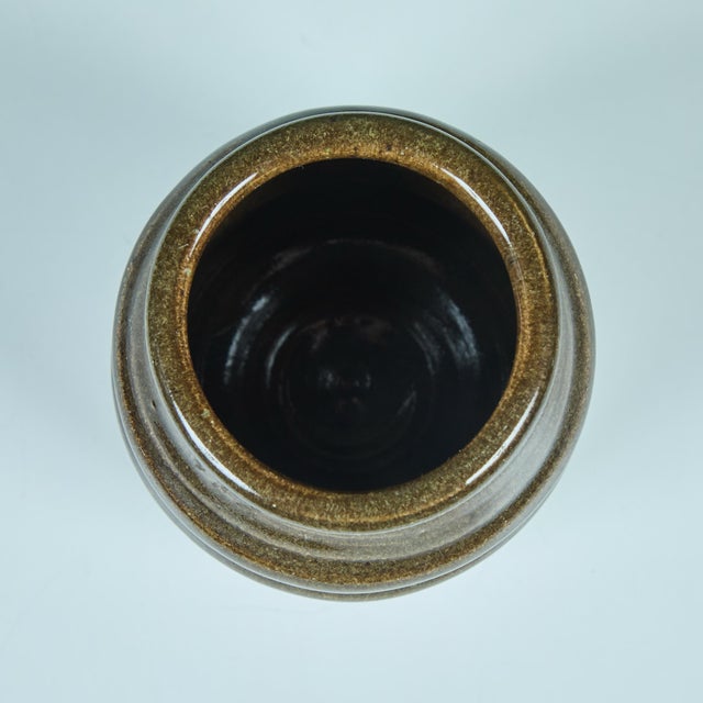 Olive Ribbed Stoneware Vessel with Two-tone Glaze For Sale - Image 8 of 11