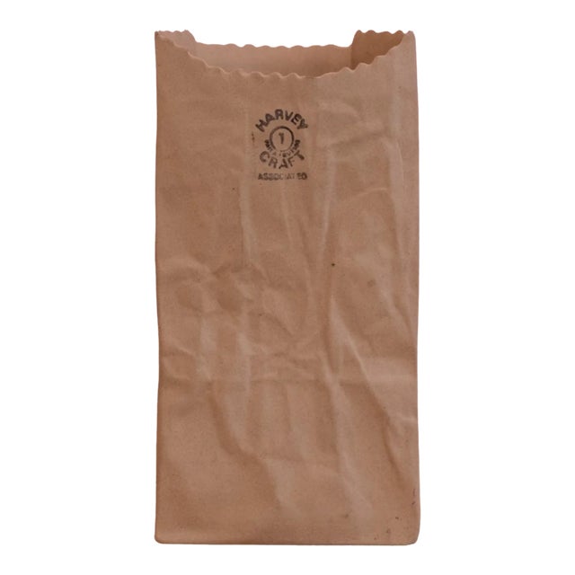 Vintage Michael Harvey Crumpled Paper Bag Ceramic Vase Trompe L’Oeil Sculptural Vessel For Sale