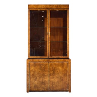 Milo Baughman Style Mid Century Burlwood and Brass Credenza With Hutch For Sale