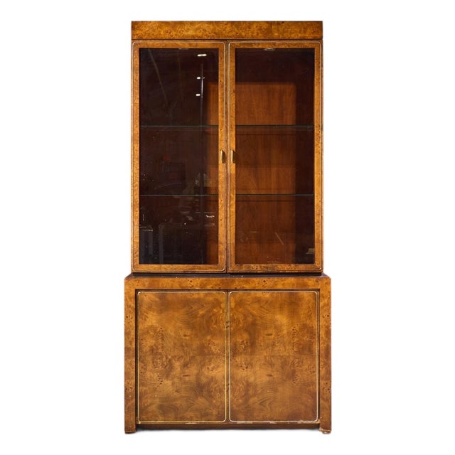 Milo Baughman Style Mid Century Burlwood and Brass Credenza With Hutch For Sale