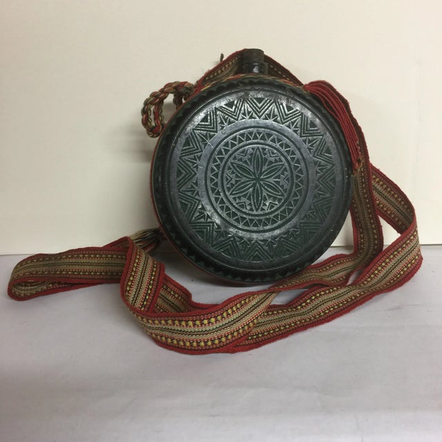 Wonderful hand carved and painted European water decanter or flask, possibly Czech. Green and black chip carving with...