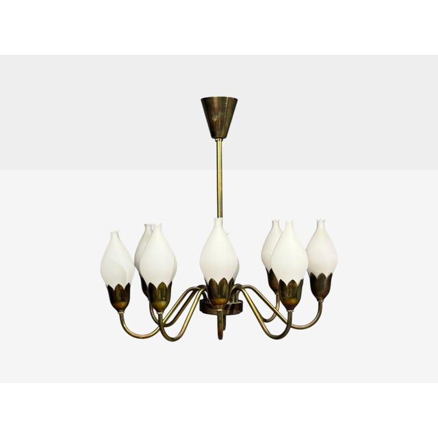 Mid-Century Modern 1950s Fog & Mørup, Tulip Chandelier, Opal Glass, Brass, Denmark, 1950s For Sale - Image 3 of 13